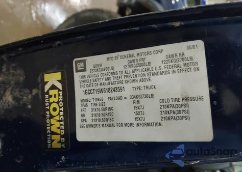 2001 Chevrolet S-10 Ls from USA, damaged, VIN 1GCCT19W618243591